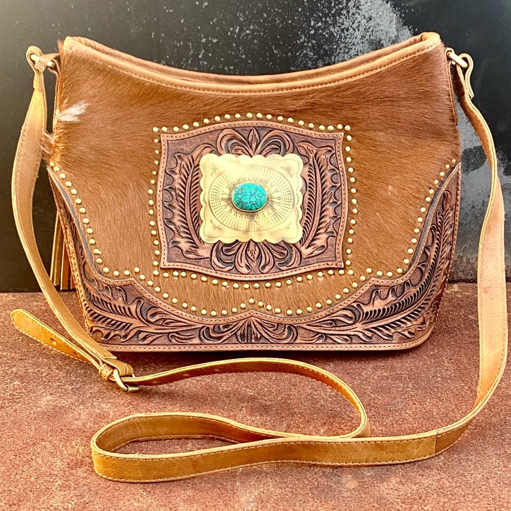 Cowhide Concho Turquoise Stone Conceal Carry Purse